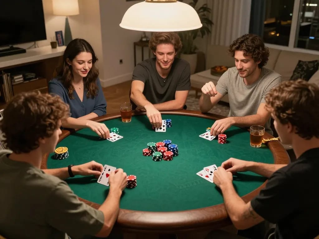 Friends playing poker at home with colorful chips during a slot toto gaming night.