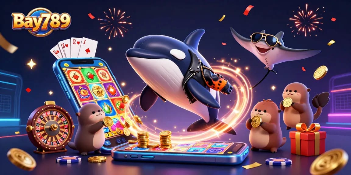 Engage in thrilling experiences at Bay789 with an illustrated scene featuring fun sea characters and exciting gaming elements.