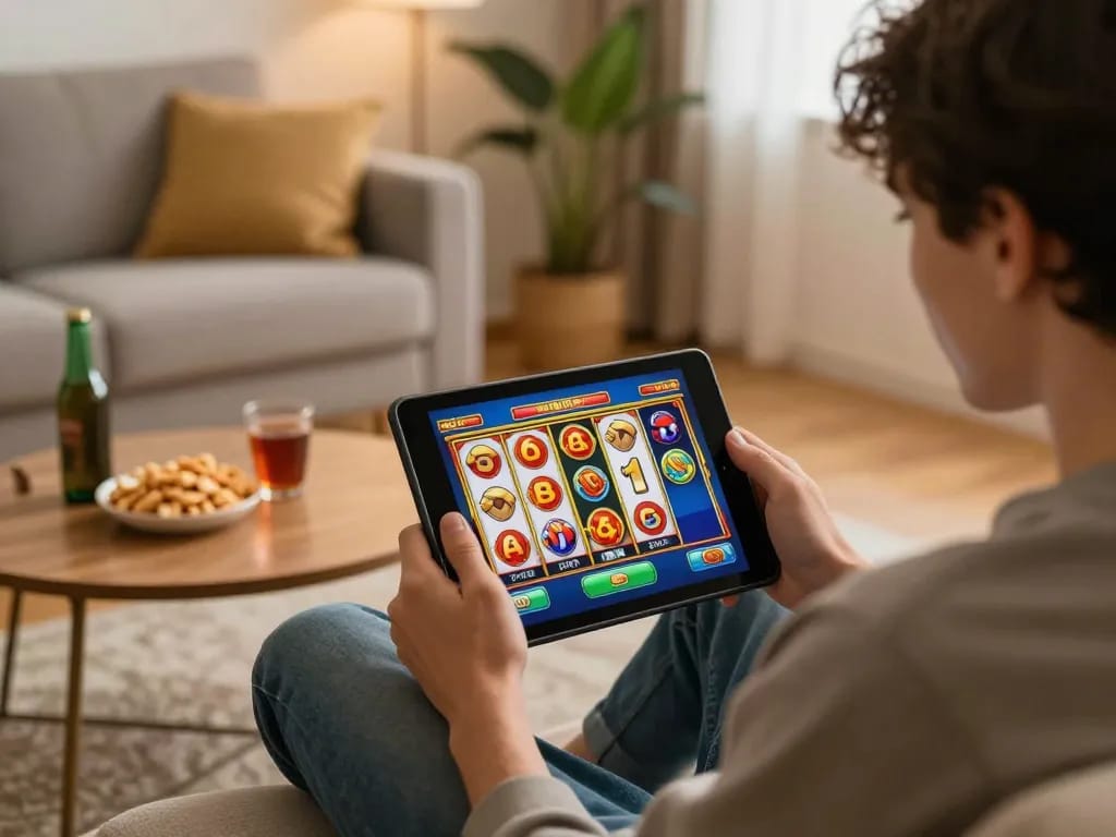 Engaged player enjoying slot games at nhà cái cm88 on a tablet in a cozy living room.