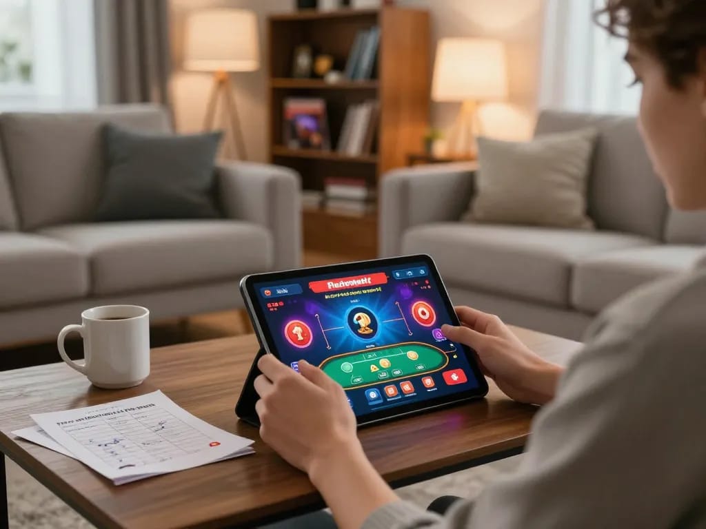 Engaging with hitclub casino app in a cozy home setting, showcasing modern gaming excitement.