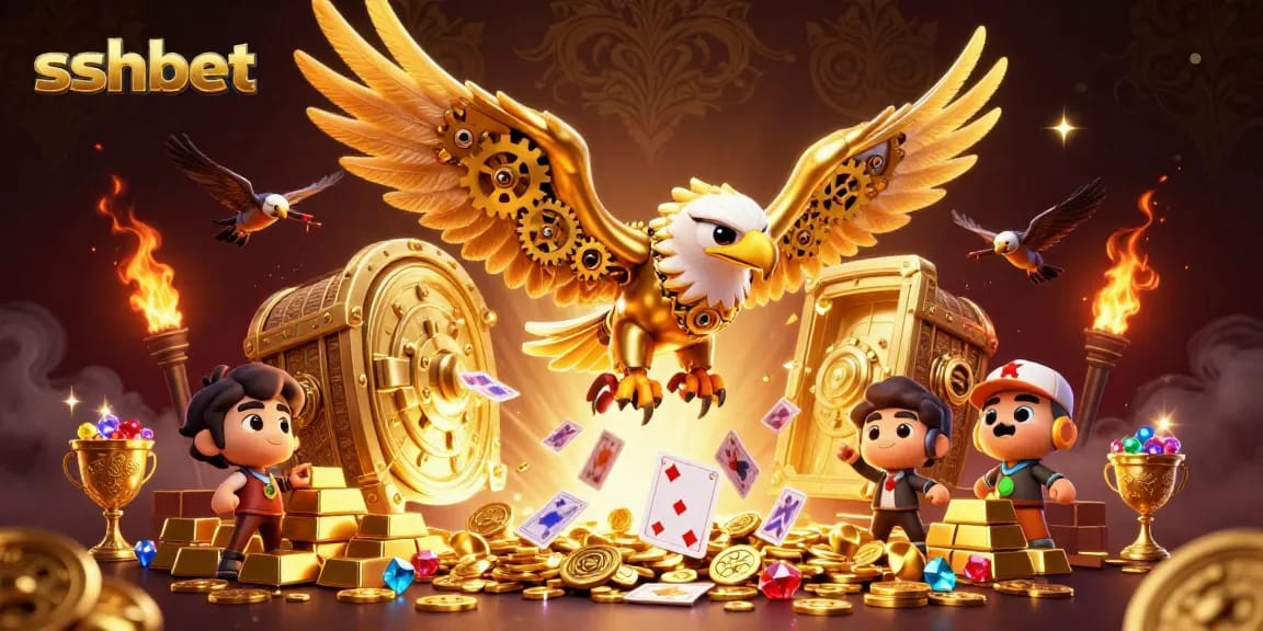 Engage in thrilling gameplay at sshbet, featuring a dynamic scene of a golden eagle amid holographic cards.