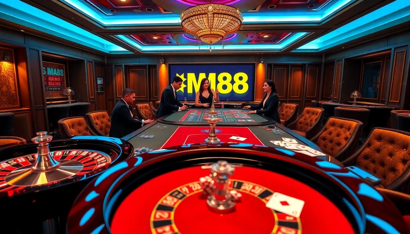 Experience MM88 excitement at a luxurious casino table with vibrant gaming elements.
