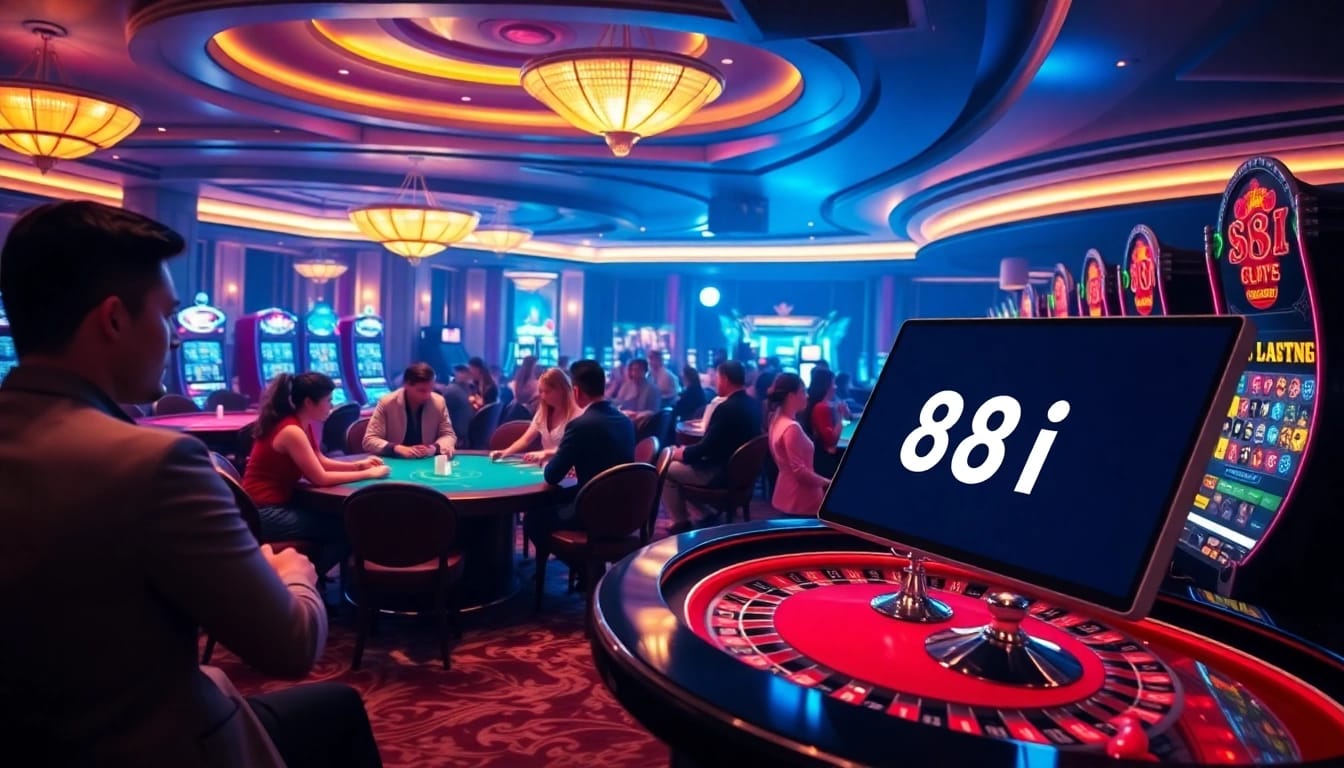 Casino scene featuring players engaging at tables with 88i branding, embodying excitement in gambling.