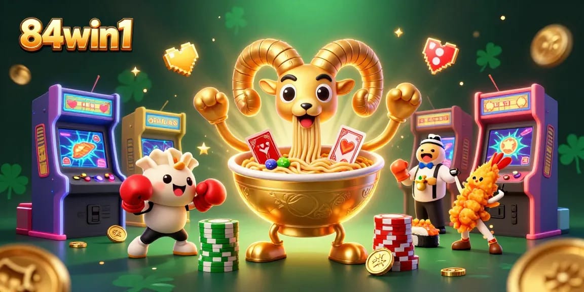 Experience the vibrant energy of 84win1 with colorful casino game elements and animated characters.