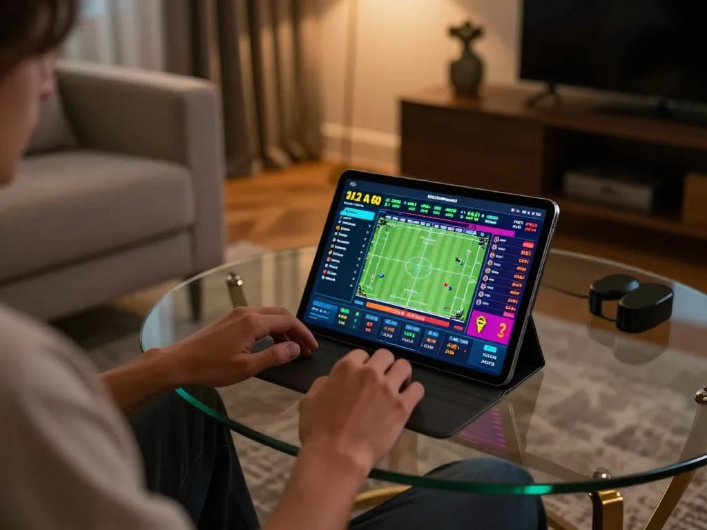 UU88 sports betting scene with a player placing bets on a tablet in a cozy atmosphere.