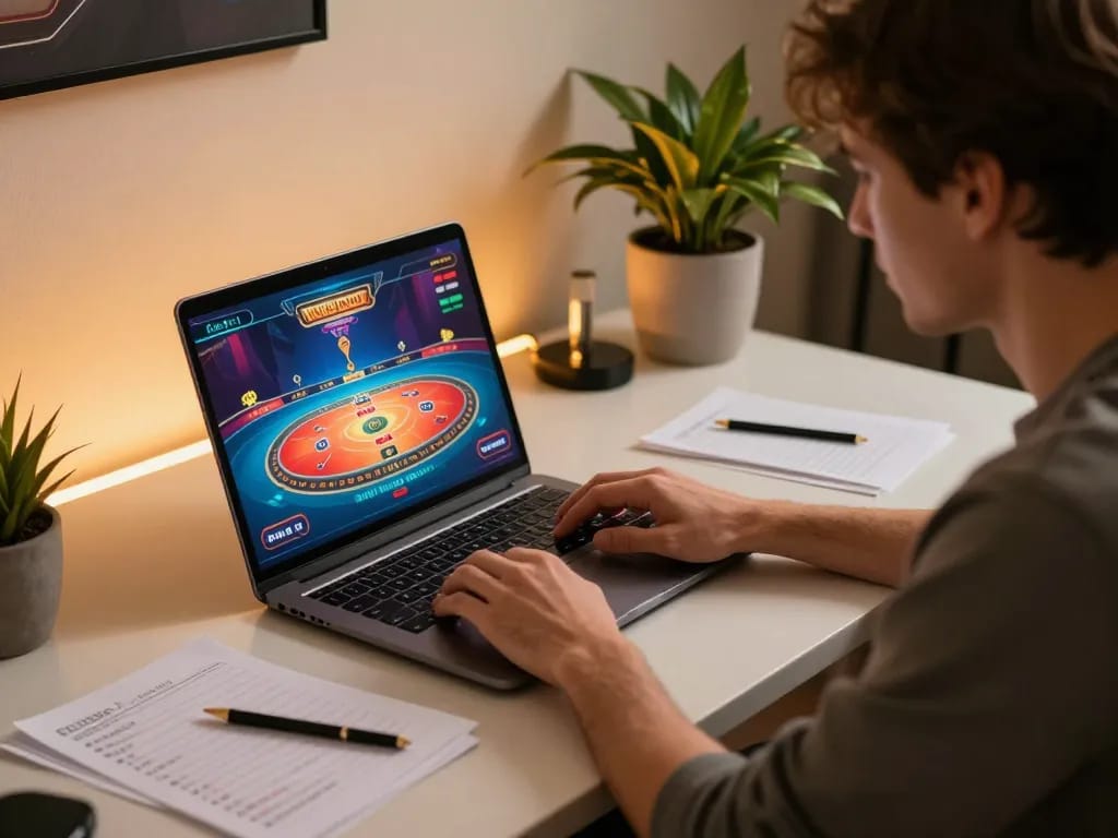 Professional player engaged in online gaming at home using a laptop, enjoying a strategic tr88 experience