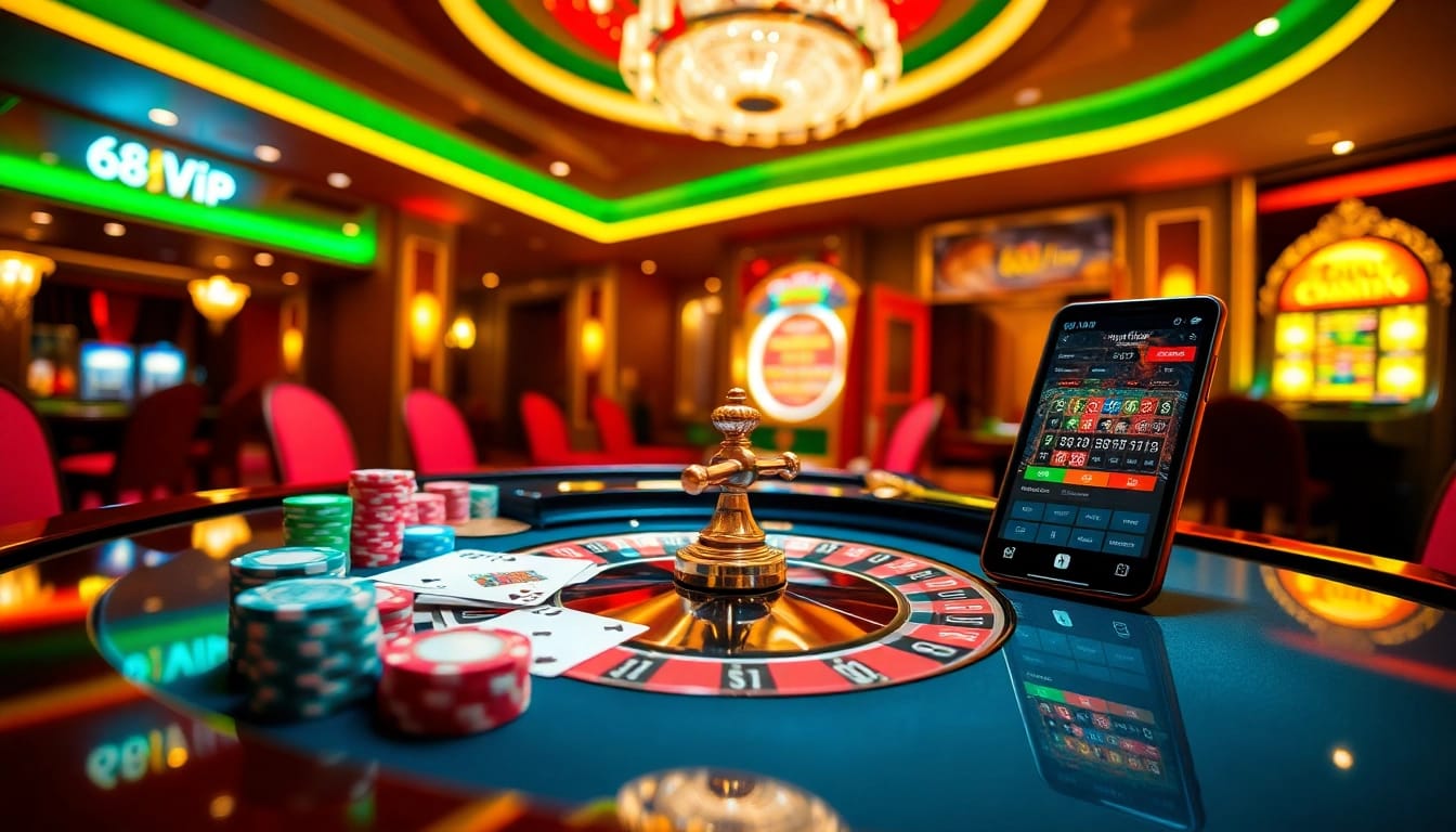 Join the excitement at 68VIP's casino scene filled with chips, cards, and a roulette table.