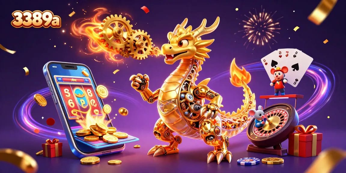 Win big with 3389a as the golden dragon breathes fortune in this animated casino scene.
