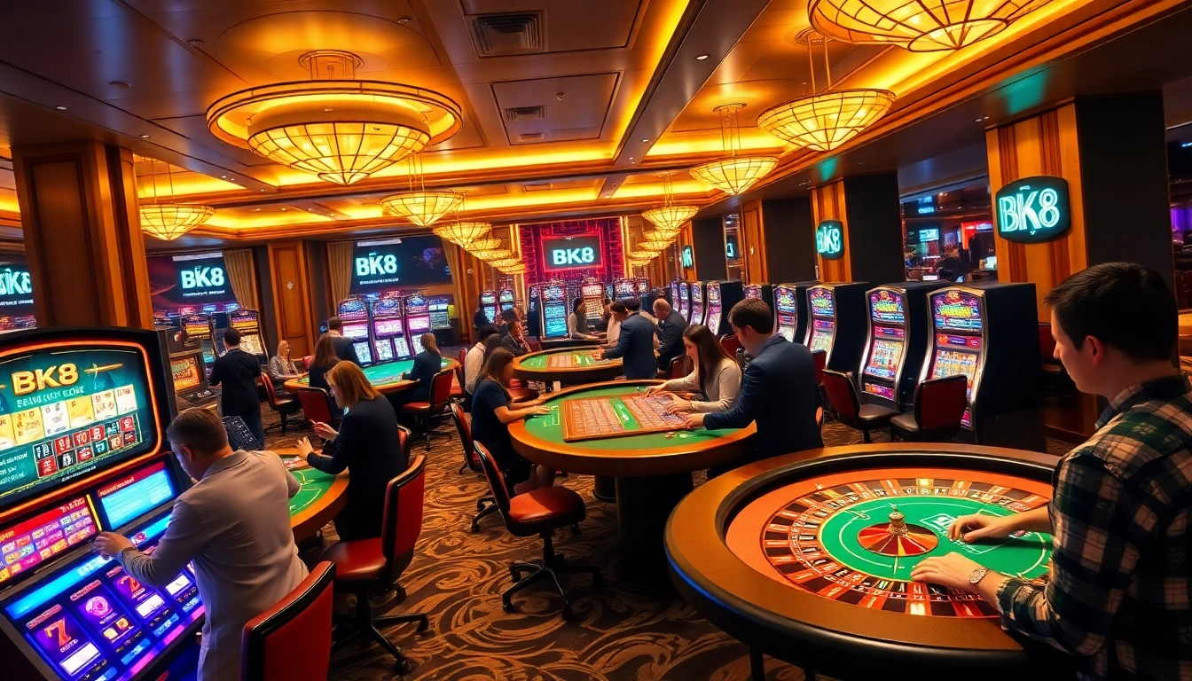 Exciting BK8 casino gaming scene with vibrant tables and busy players celebrating wins.