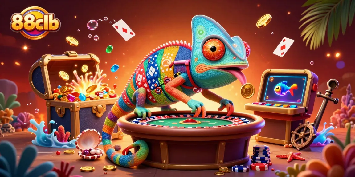 Engage in the vibrant world of casino gaming with 88clb's colorful chameleon illustration.