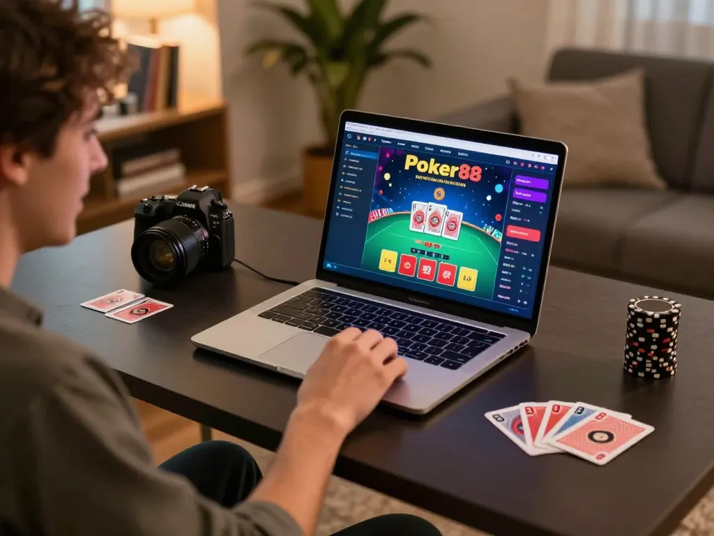 Engaging Poker88 gameplay on a sleek laptop at home, showcasing player excitement and online strategy.