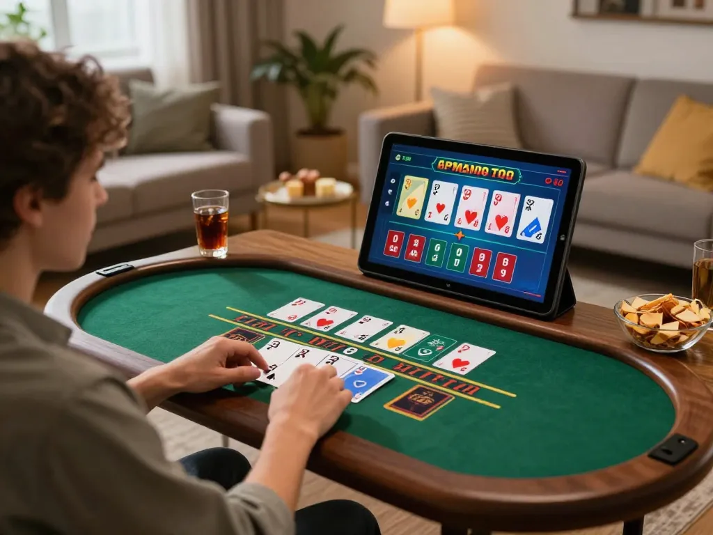 Player using ok365 for live blackjack action on a tablet in cozy home setting.