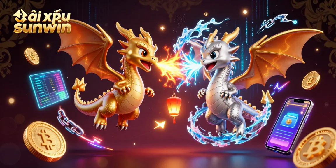 Engage in tài xỉu sunwin action with dazzling 3D cartoon dragons and crypto elements.