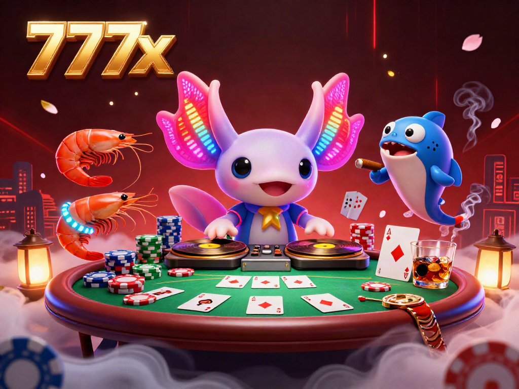 Experience excitement at 777x with a vibrant casino scene illustrating a neon axolotl DJ spinning records surrounded by poker elements.