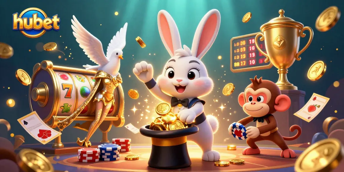 Spin the reels at hubet while a magician rabbit works magic, surrounded by slots and playful characters.