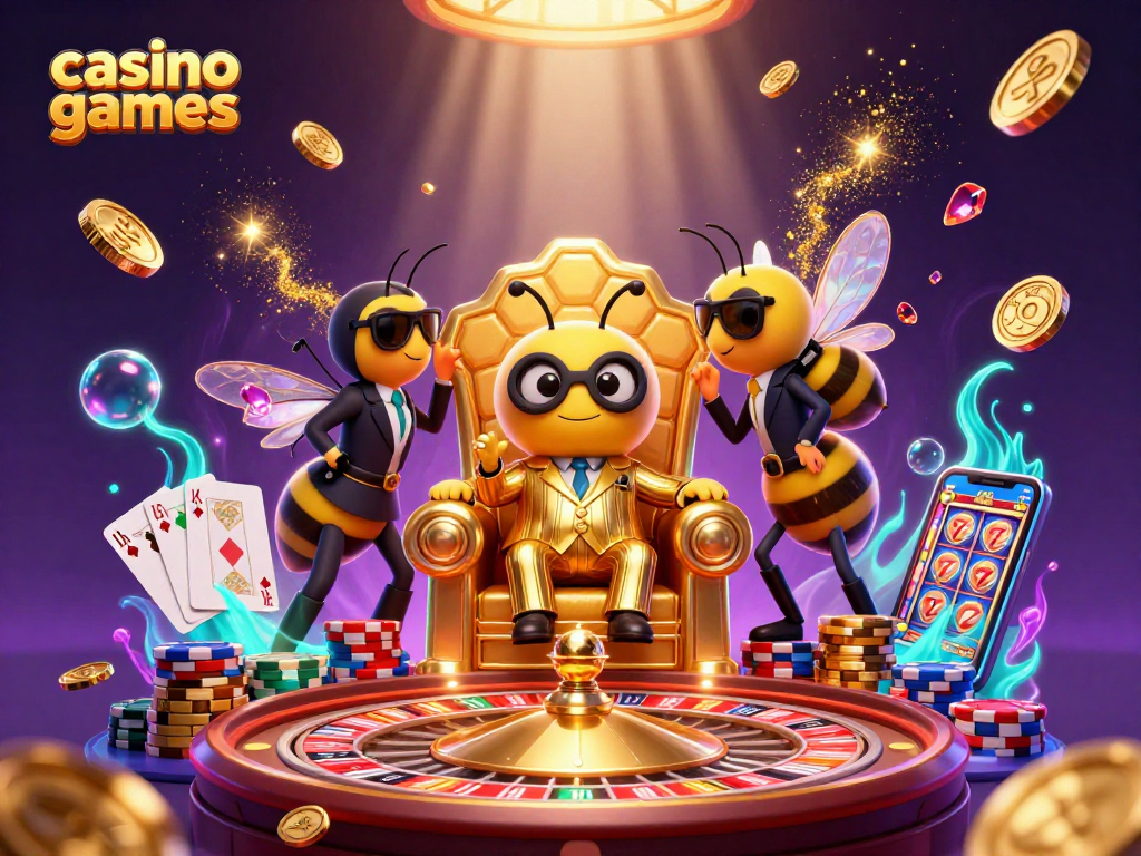Experience thrilling casino games with a bumblebee boss and alluring gems in a vibrant 3D artwork.