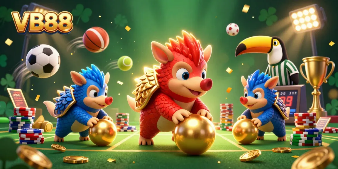 VB88 pangolin rivals roll golden balls through poker chips in a vibrant casino scene