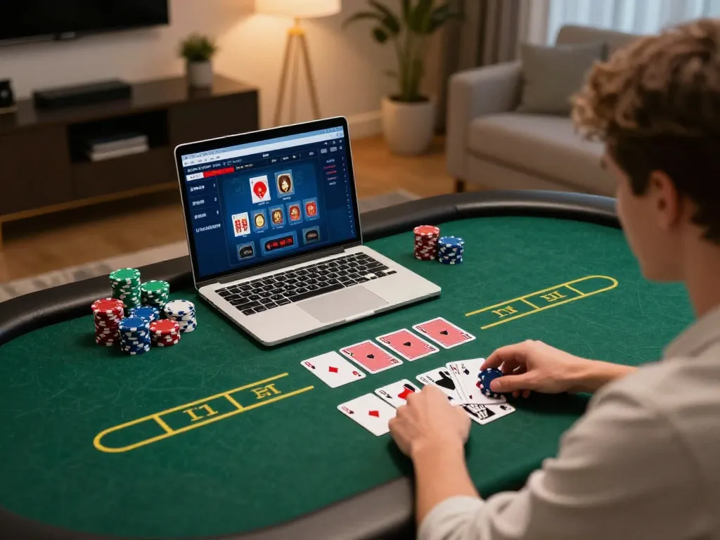 Engaging in online poker gaming at home with iwin app, showcasing competitive atmosphere and strategic gameplay.