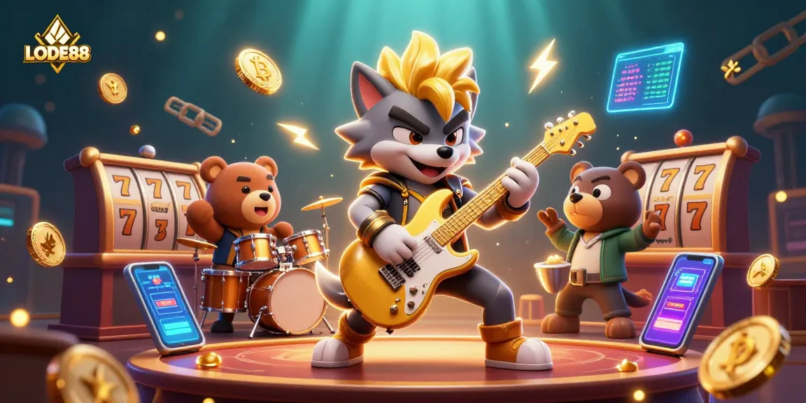 Watch the LODE88 rock star wolf shred on stage surrounded by vibrant slot games and crypto coins.