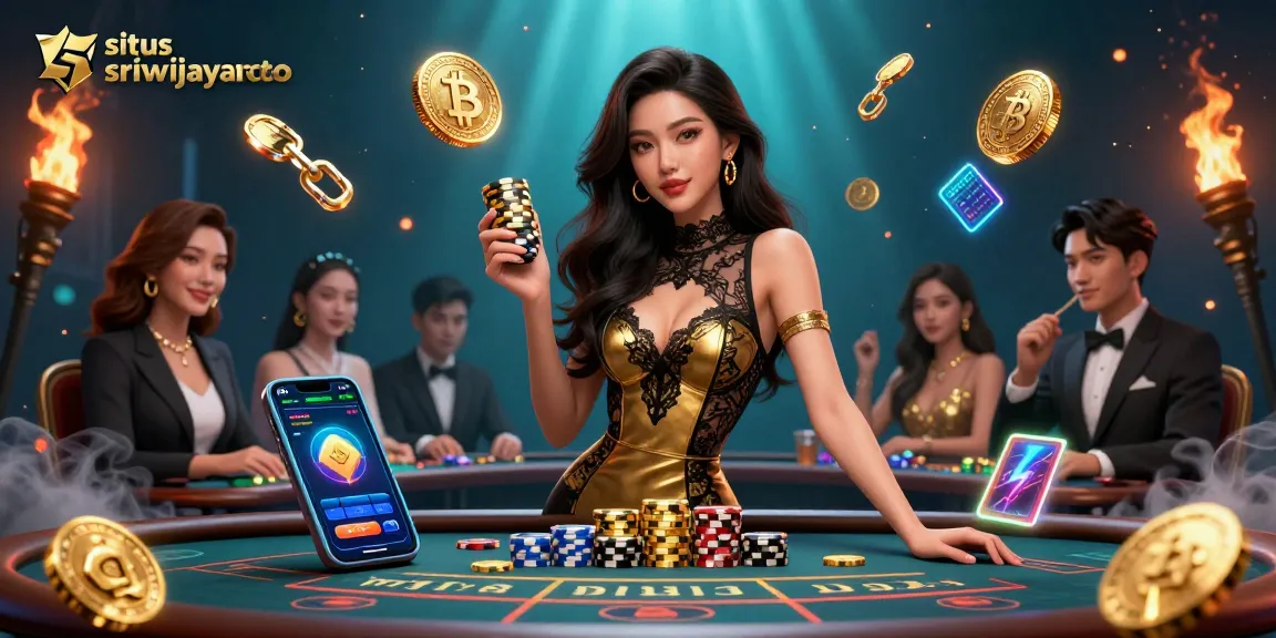 Situs sriwijayatoto showcases a glamorous Asian woman at a VIP baccarat table with golden casino chips, emphasizing high-stakes excitement.