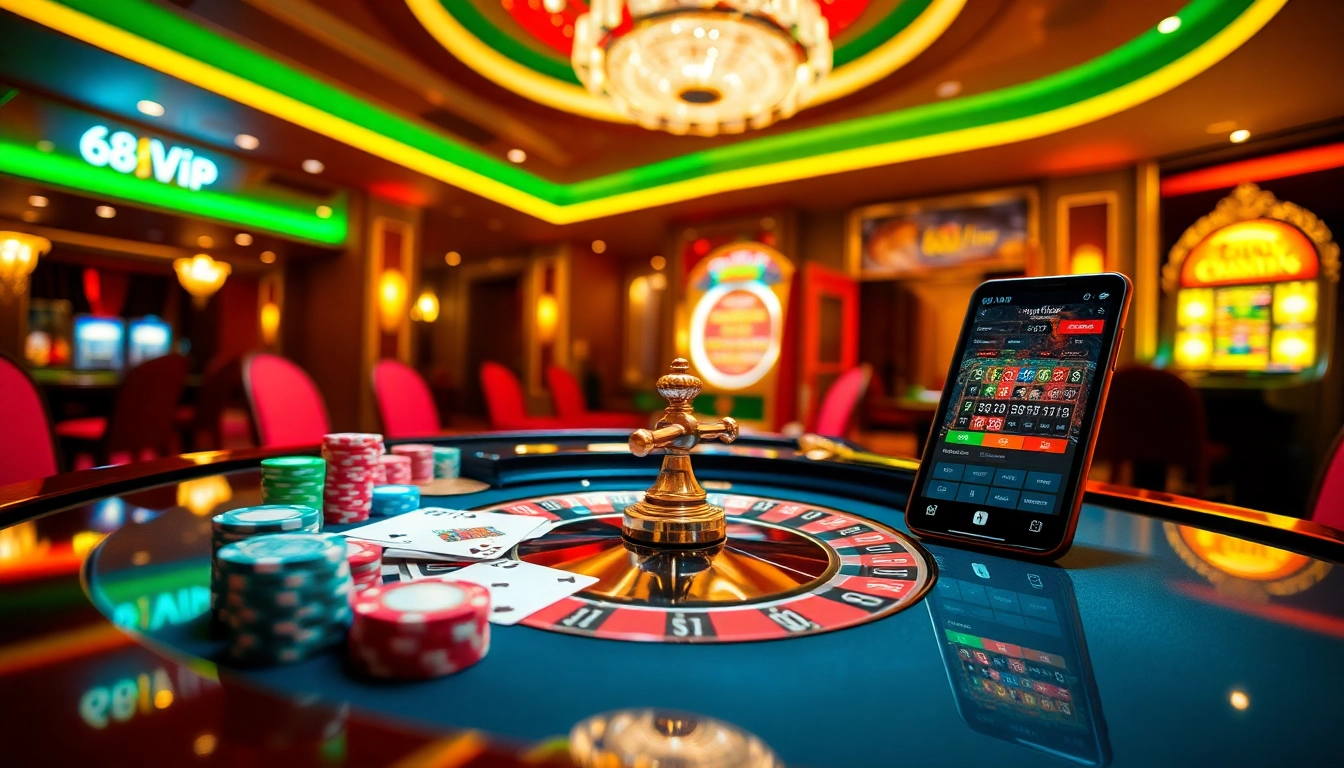 Join the excitement at 68VIP's casino scene filled with chips, cards, and a roulette table.