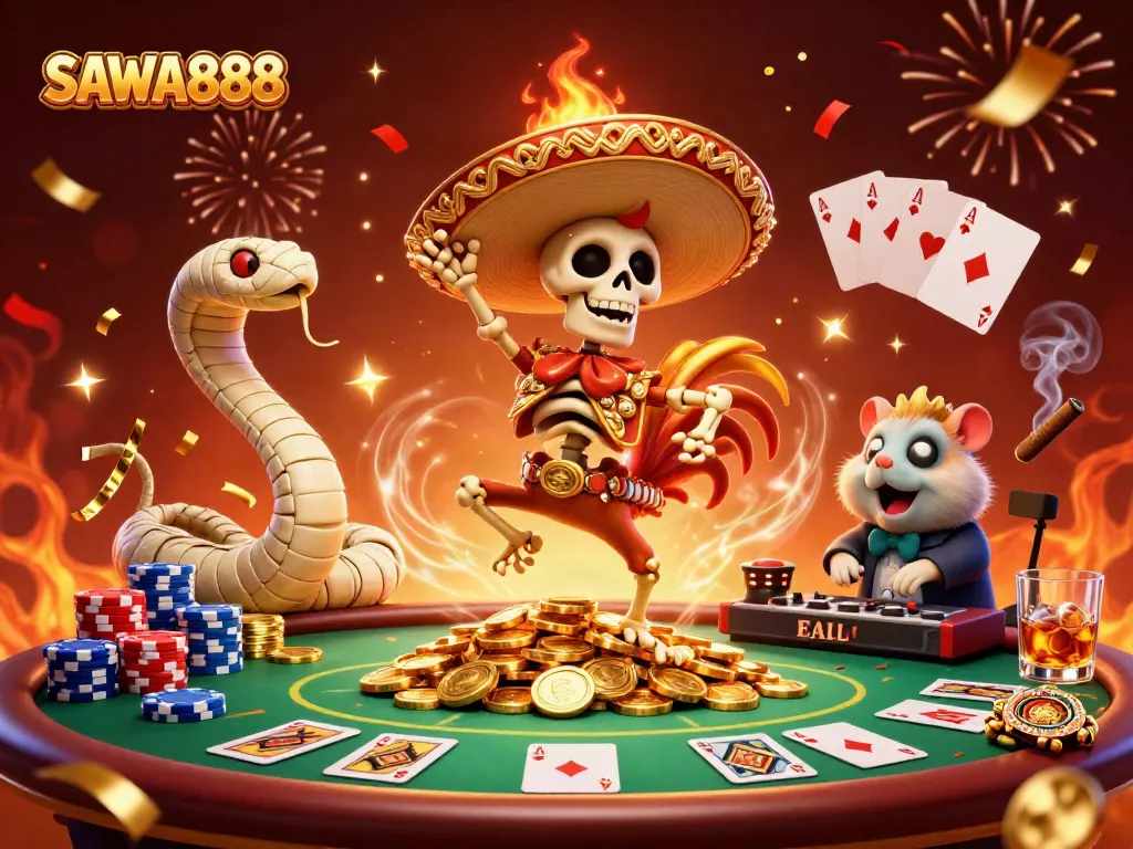 Experience the thrill of SAWA888 as skeletons and snakes celebrate with poker elements and vibrant confetti.