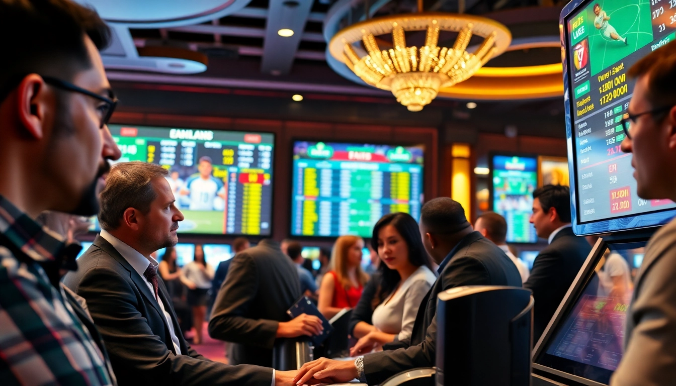 Sports Betting enthusiasts actively placing bets in a vibrant, modern casino environment.