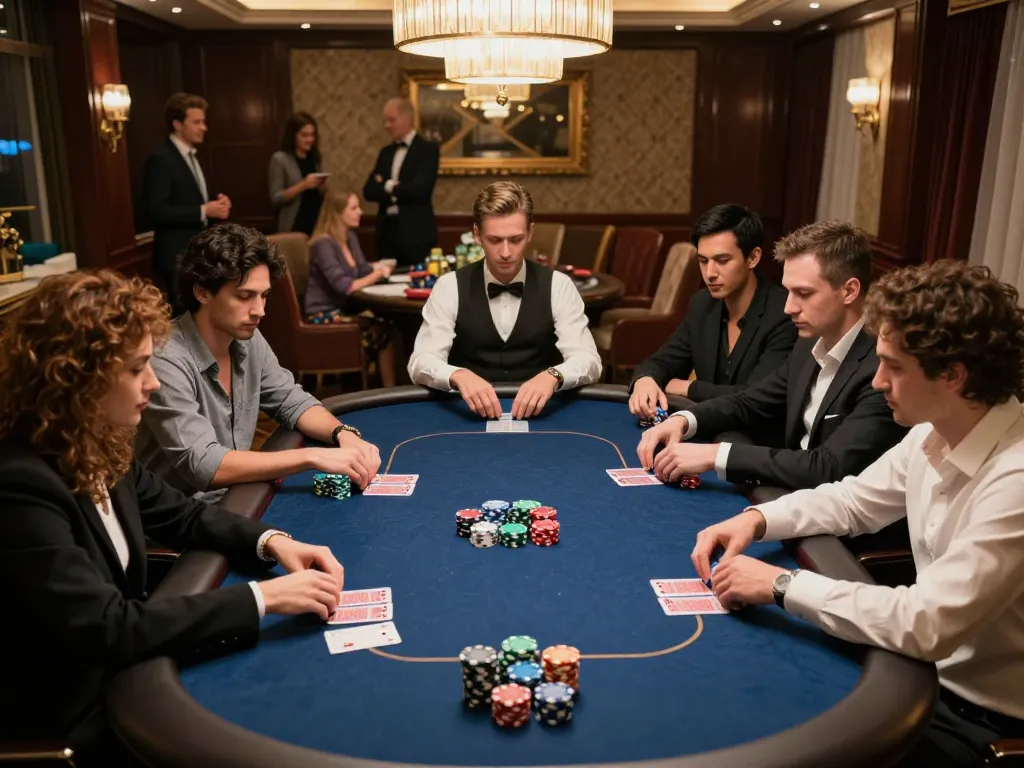 Players strategizing during an intense poker game at 11win, showcasing chips and cards.