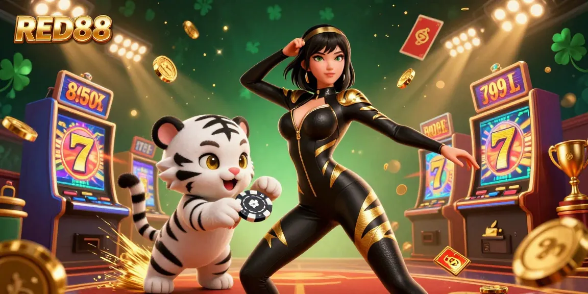 Engage in thrilling gaming at RED88, featuring vibrant graphics with playful tiger companions and casino elements.
