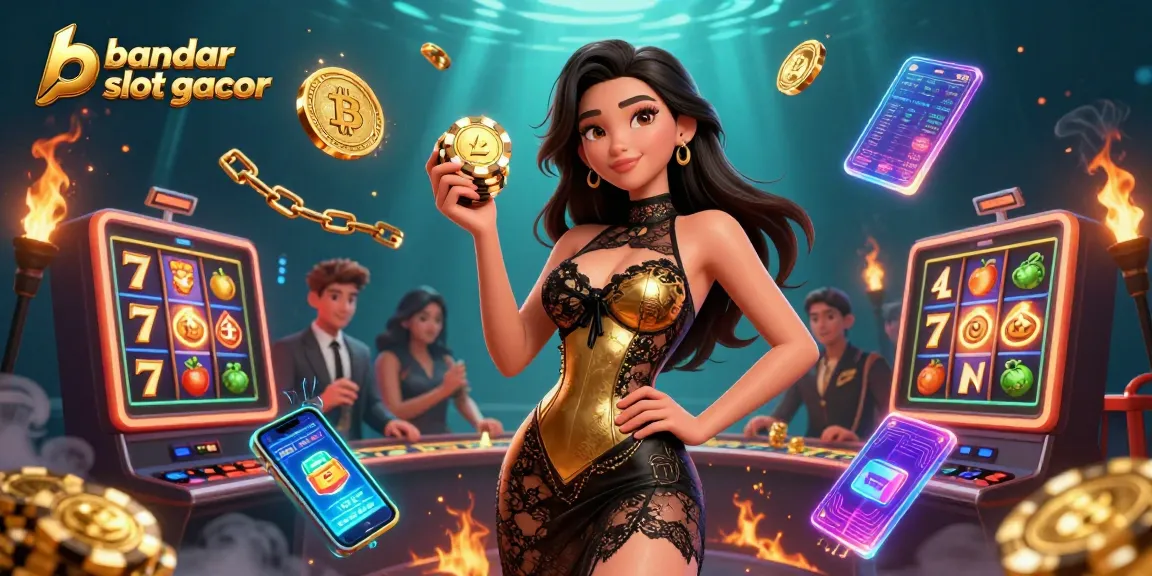 Engage with bandar slot gacor as players experience thrilling slot games surrounded by golden chips and neon coins.