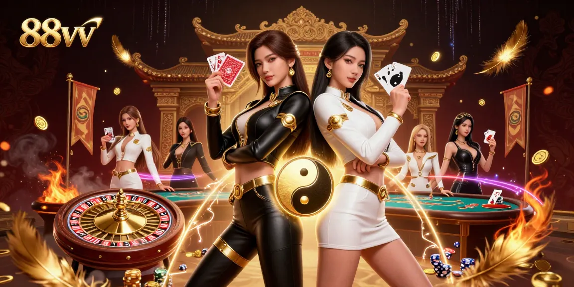 Win big with 88vv as twin Asian women showcase their gaming skills, holding playing cards.