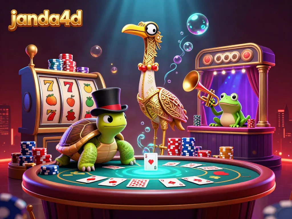 Slot online janda4d menampilkan karakter unik dan simbol permainan seru pada latar temaram.