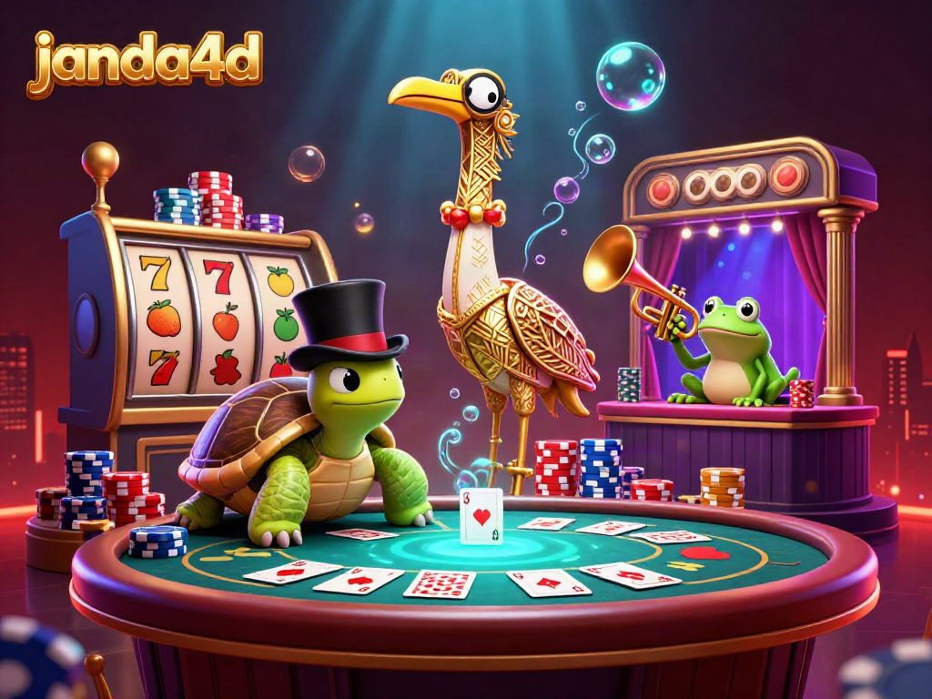 Slot online janda4d menampilkan karakter unik dan simbol permainan seru pada latar temaram.