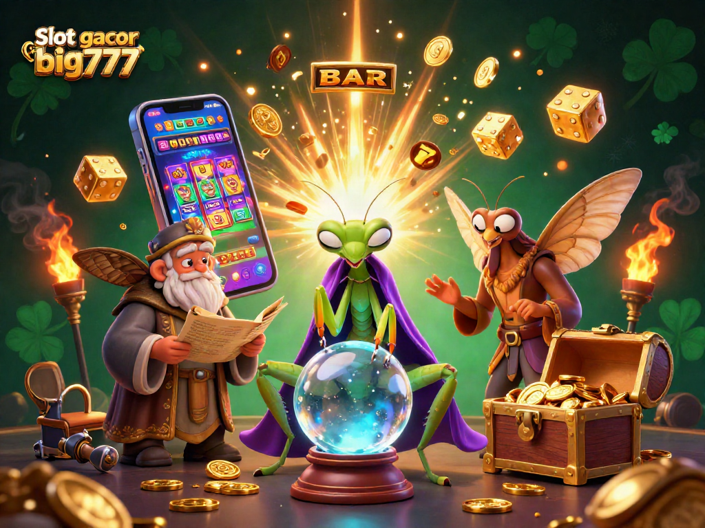 Experience the vibrant world of Slot gacor big777 with a captivating 3D illustration featuring fortune tellers, treasures, and jackpots.