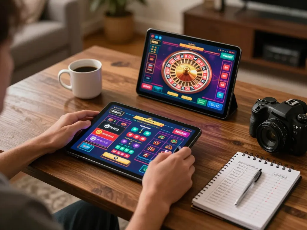 Engaging in online gaming at home with a tablet app for Nha cai uy tin, showcasing responsible gambling