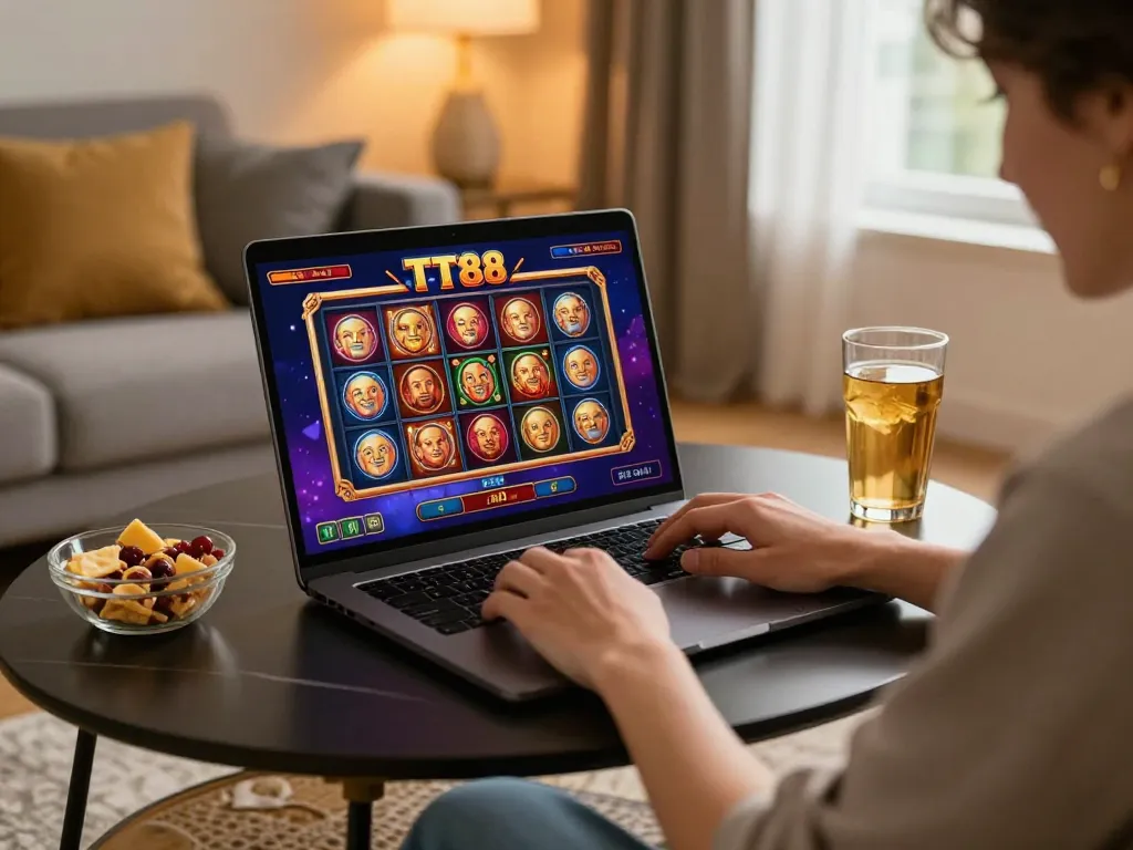 Player enjoying TT88 themed online slots game on laptop, cozy home setup with snacks.