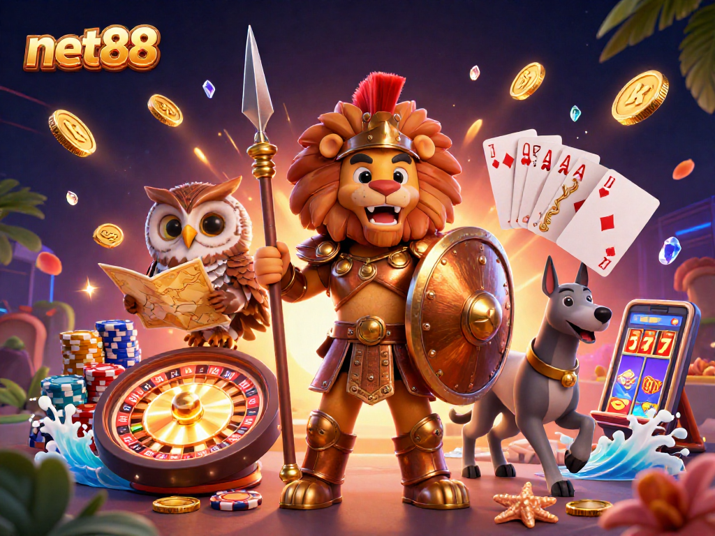 Experience net88 with a thrilling 3D scene featuring gaming elements and charismatic characters.