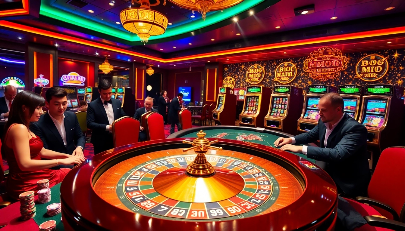 Excited players engaging in high-stakes poker while betting on MMOO-themed slot machines.