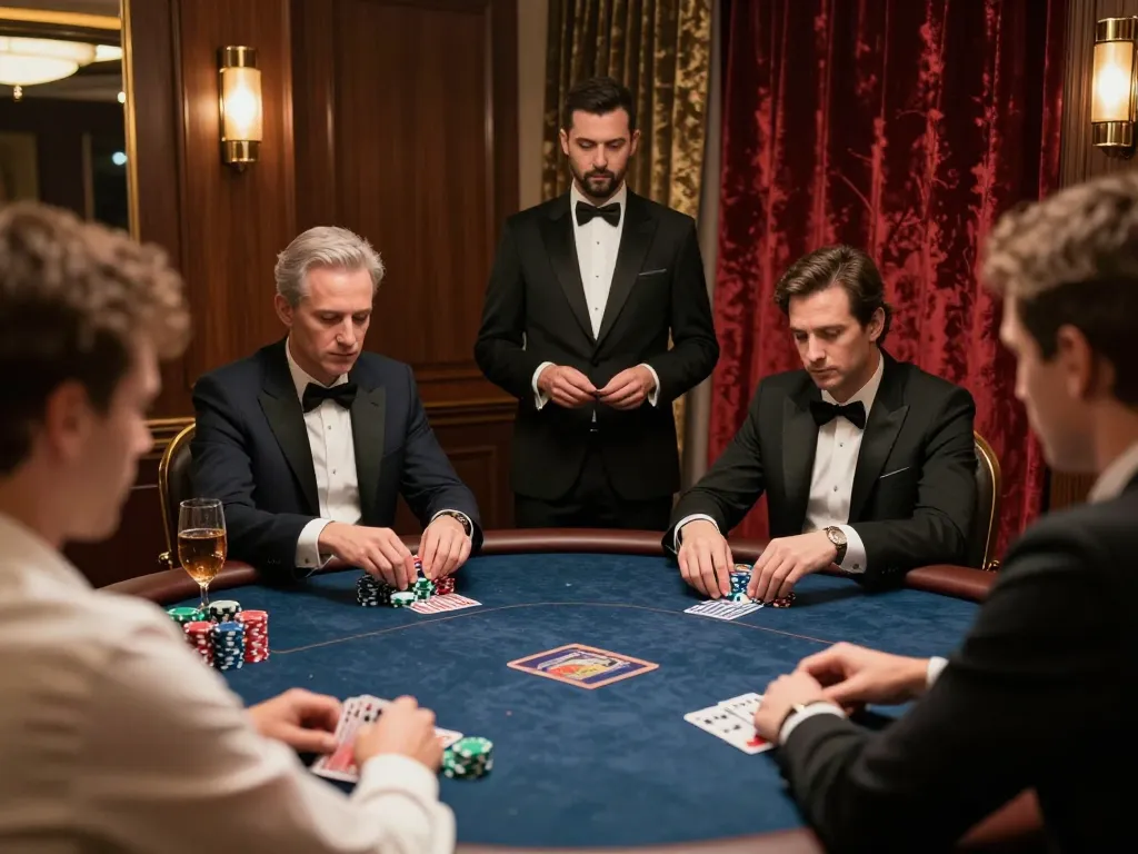 Players strategizing with chips at a high-stakes poker game on 388bet in a luxurious setting