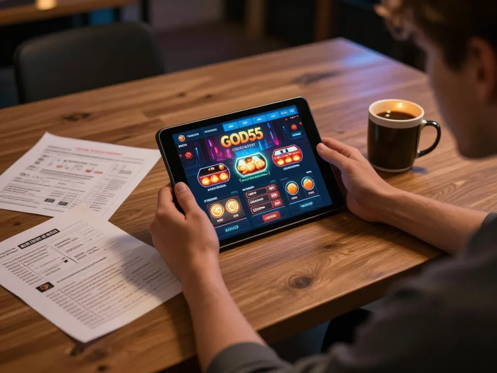Player exploring God55 online casino interface on tablet with strategic notes for effective gambling.