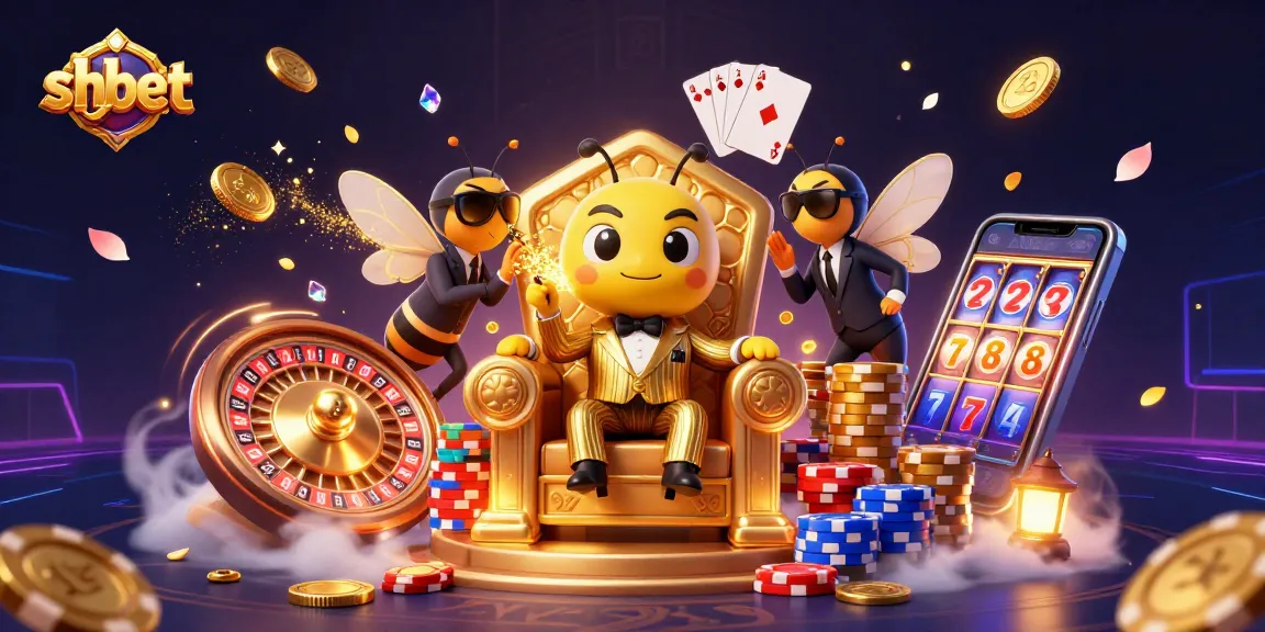 Win big with shbet in this vibrant, action-packed casino illustration featuring 3D characters and game elements.