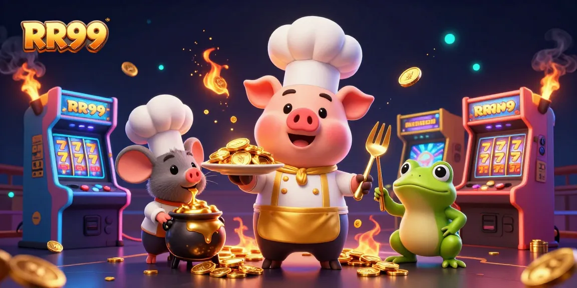 Experience the thrill of RR99 casino gaming with a chef pig serving golden coins and vibrant slot machines.