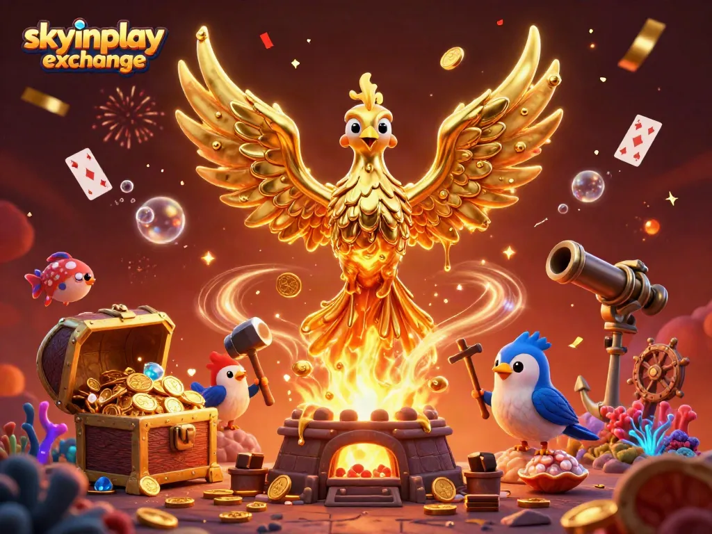 Experience immersive gameplay with the skyinplay exchange, featuring a dynamic scene of a golden phoenix and animated treasures.