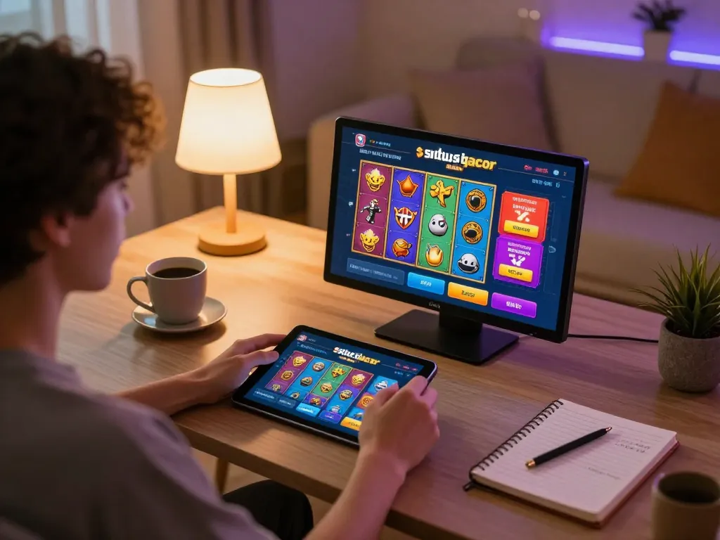 Experience situs slot gacor with vibrant online gaming setup showing engaging slots on tablet
