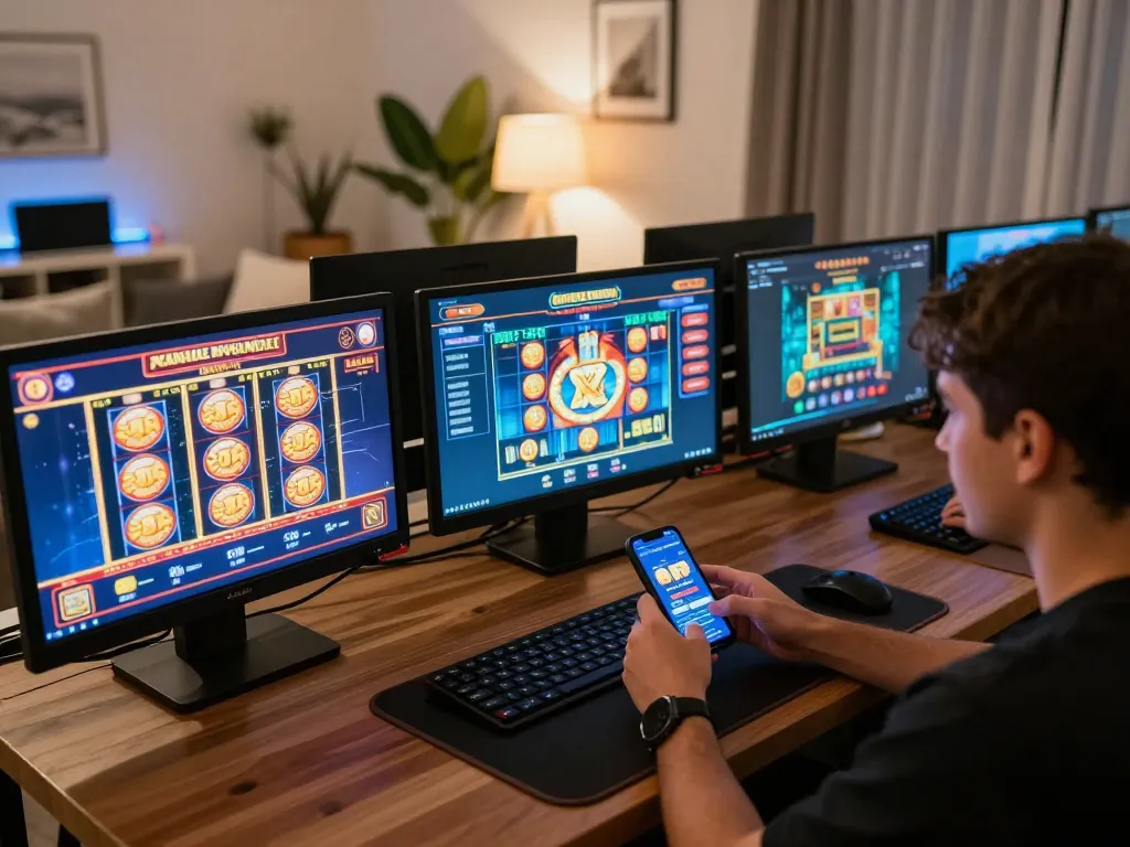 Player engaging with okfun com casino app on smartphone in a modern home setting, showcasing vibrant gaming experience