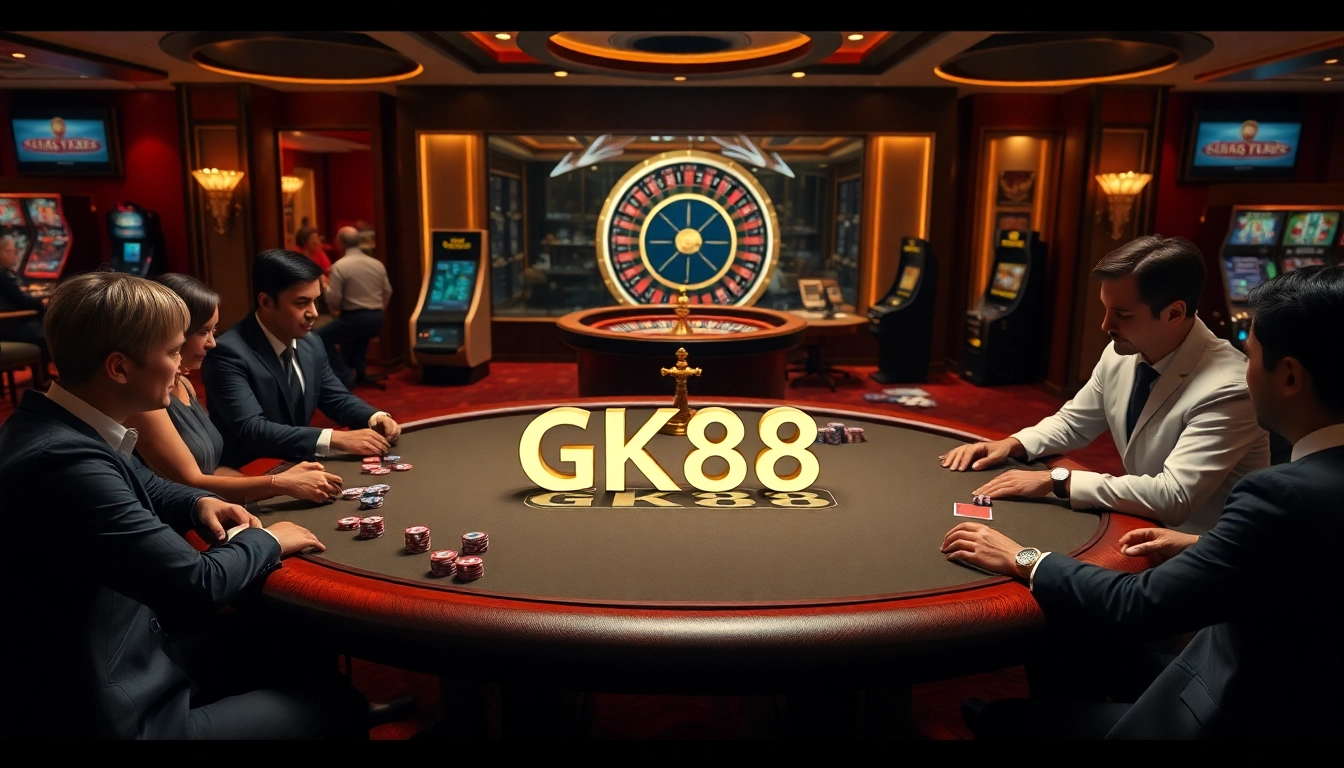 Players enjoying an elite poker game at GK88 casino with chips and cards.