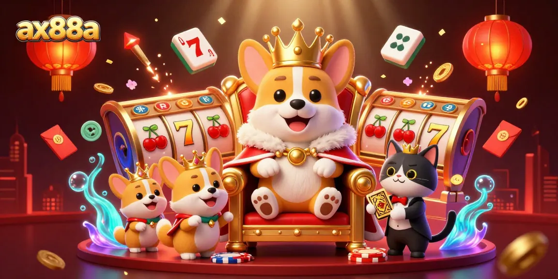 Experience the excitement of ax88a with a vibrant scene featuring a royal corgi and dynamic gaming elements.