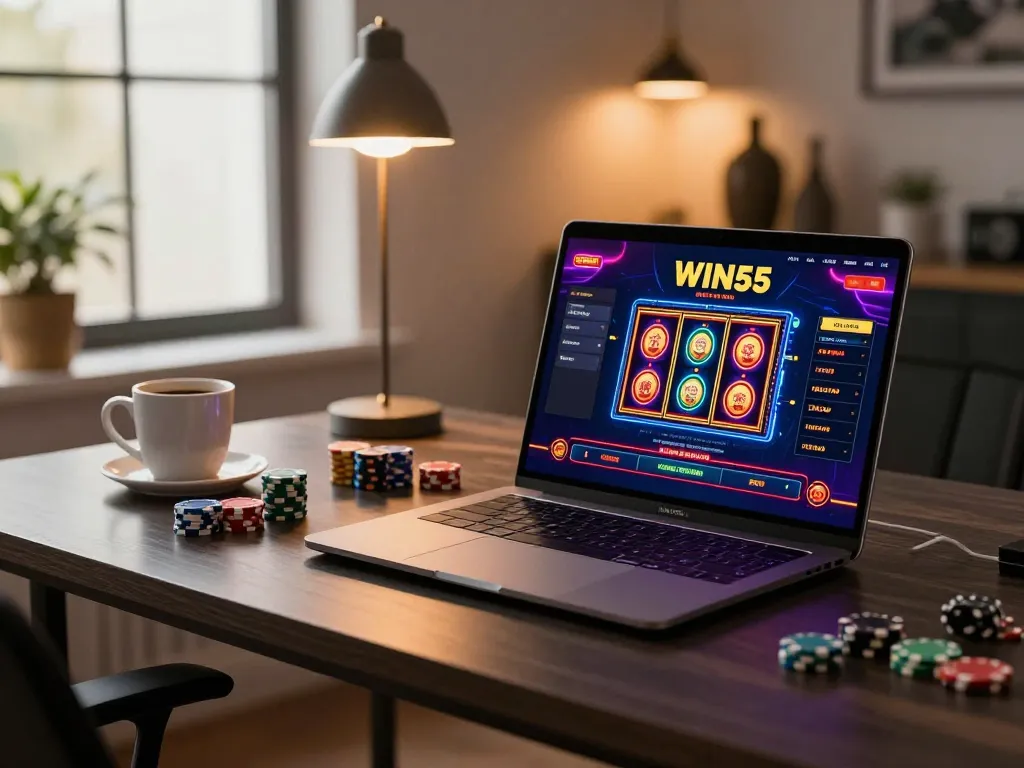 Engaged player accessing WIN55 casino app on a laptop in a stylish home office environment