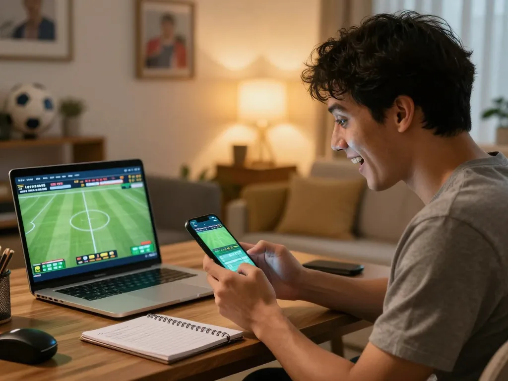 Engaged sports betting on luongsontv app during a live match in a cozy living room.