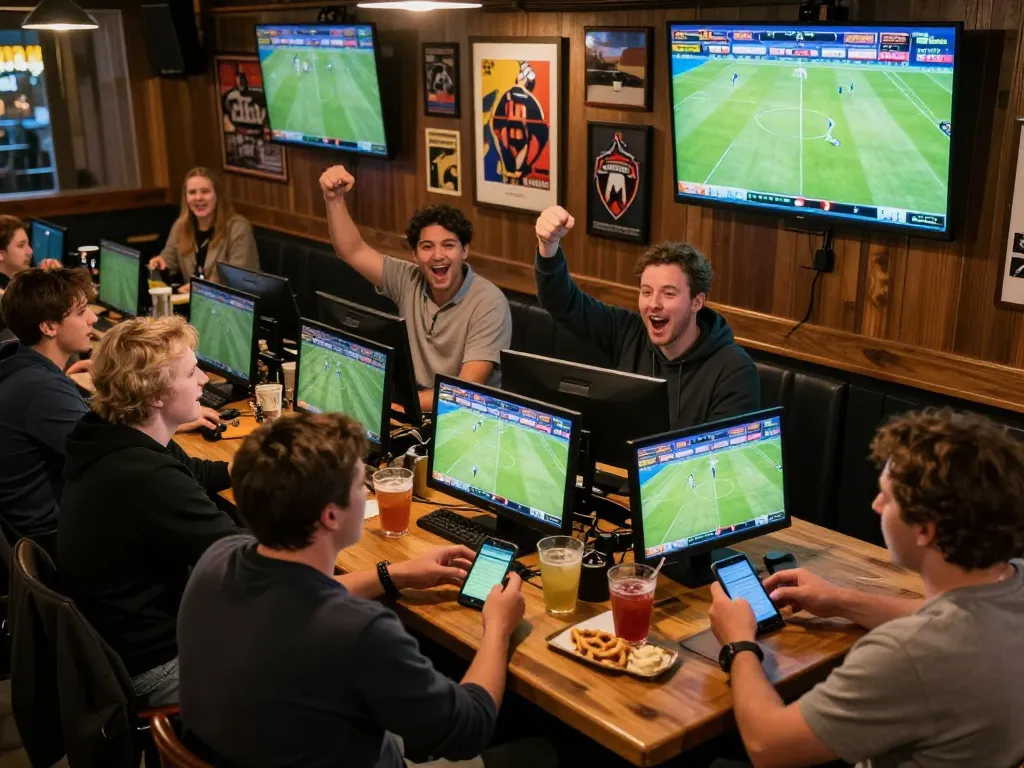 High-energy sports betting atmosphere with patrons engaged in nowgoal matches, celebrating live scores.
